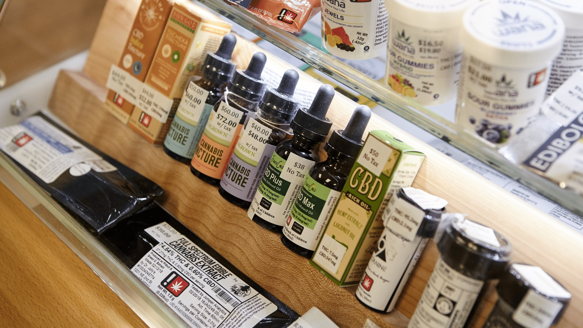 Cannabis label printing - THC & CBD Products lined up on a shelf